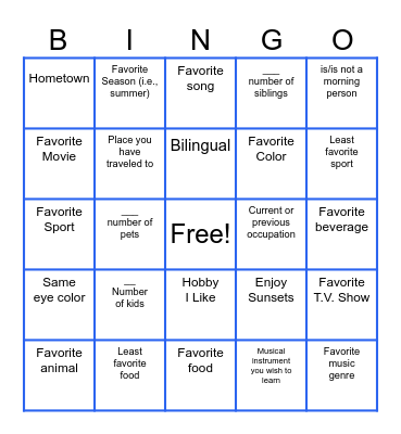 What Do we Have In Common? Bingo Card
