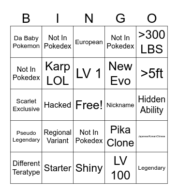 Wonder Trade Bingo Card