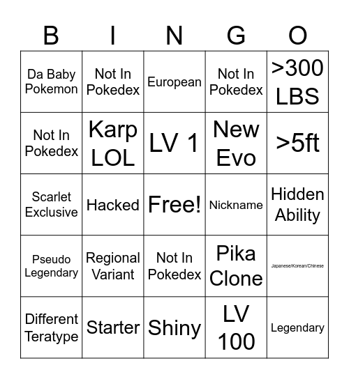 Wonder Trade Bingo Card