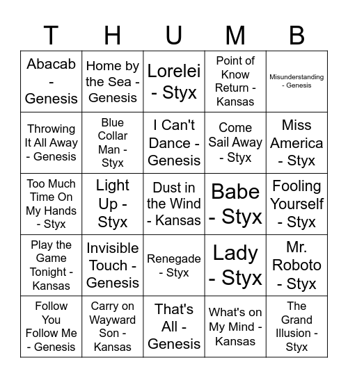 Genesis / Styx / Kansas Bingo Card