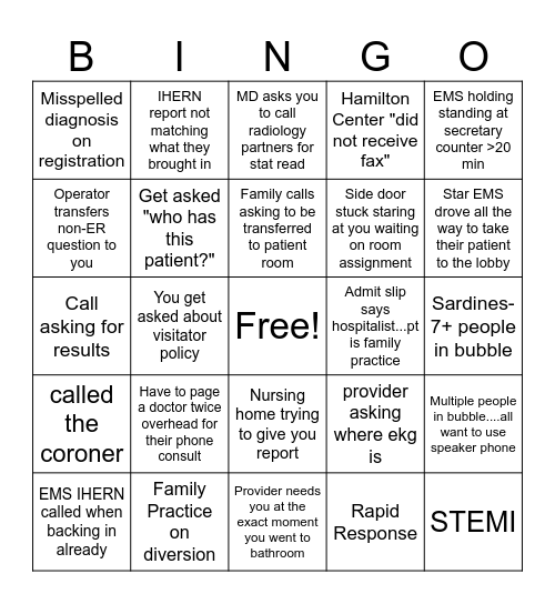 Secretary ER Bingo Card