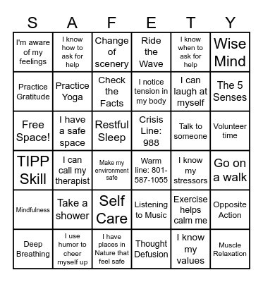 Safety Planning Bingo Card