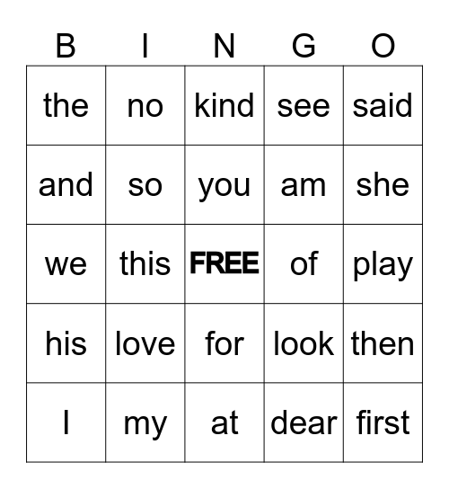 Heart Words Bingo Card