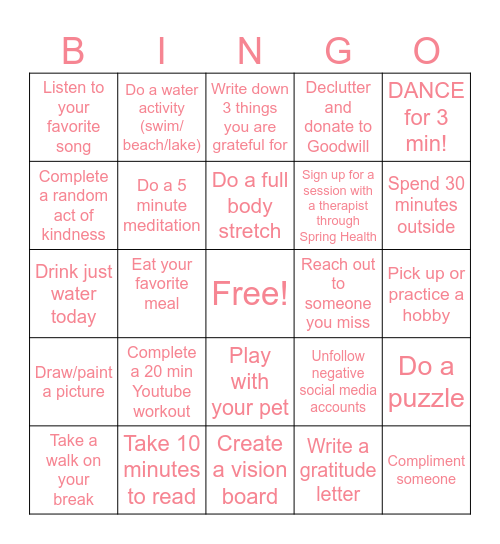 Mental Health Awareness Month Bingo Card