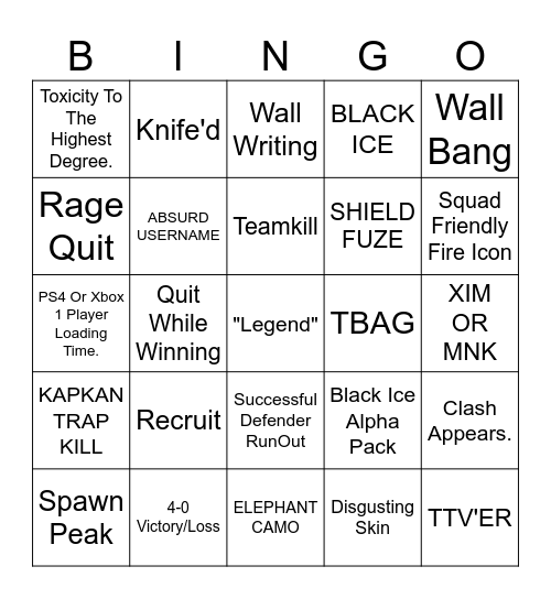 Siege-O Bingo Card