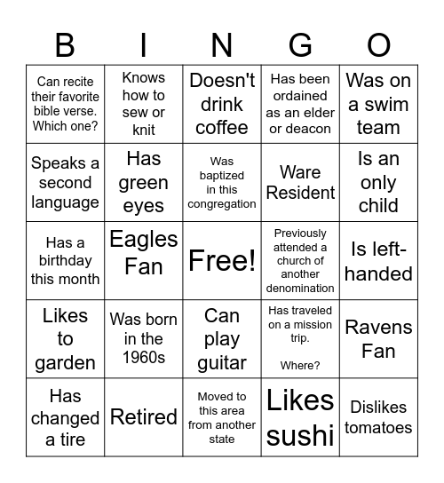 Get to Know Your Church! Bingo Card