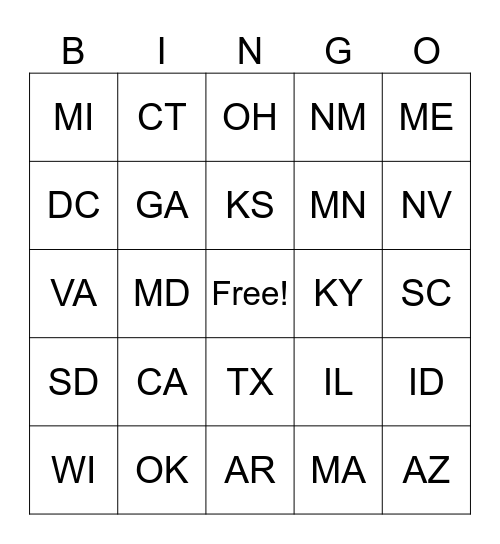 State Abbreviations Bingo Card