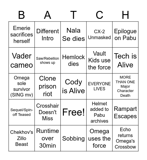 Finale Bingo Card