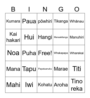 Hongi to hangi Bingo Card