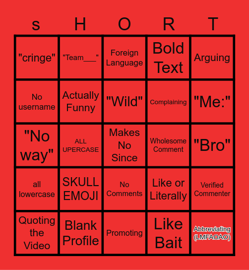 Comment Section Bingo Card