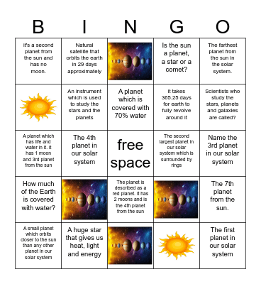 All about our Solar System Bingo Card