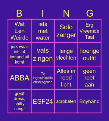Eurovisie Songfestival 2024 Bingo Card
