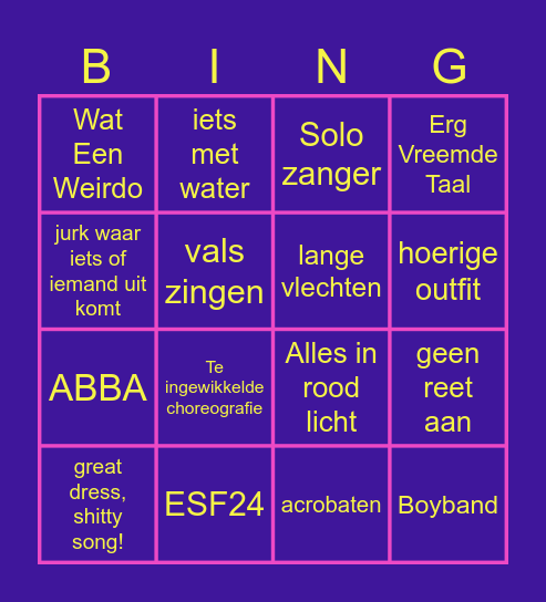 Eurovisie Songfestival 2024 Bingo Card