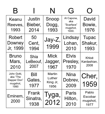 Celebrity Mugshots Bingo Card