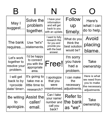 Customer Service Bingo Card