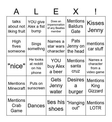 Alex Bingo Card