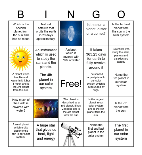 All about our Solar System! Bingo Card