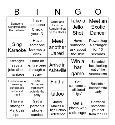 Ugly's Bachelor Party Bingo Card