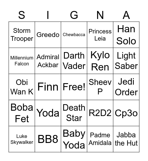 Star Wars Bingo Card