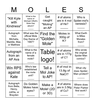 Mole Week Bingo Card