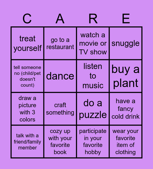 Self Care Bingo Card