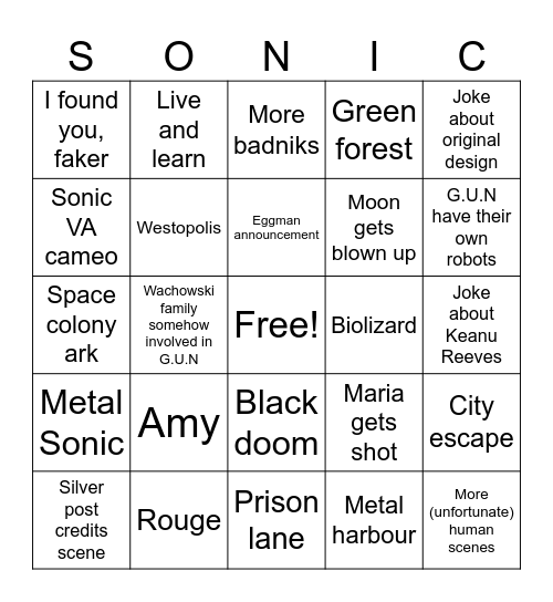 Sonic 3 prediction bingo Card