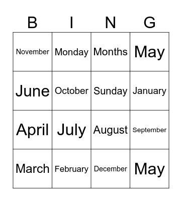 Months of the year Bingo Card