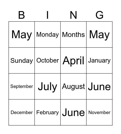 Months of the year Bingo Card