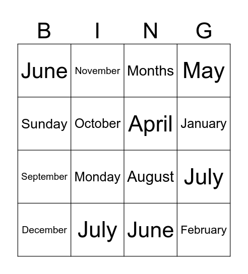 Months of the year Bingo Card