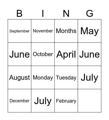 Months of the year Bingo Card