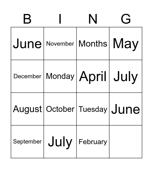 Months of the year Bingo Card