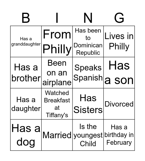 Janice's Bridal Shower Bingo Card