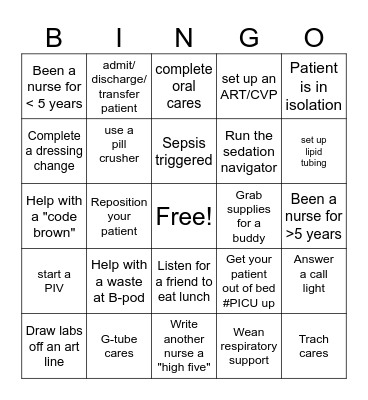 PICU Nurse's Week BINGO Card