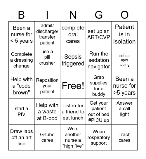 PICU Nurse's Week BINGO Card