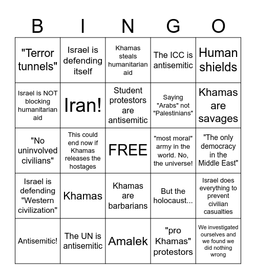 Zionist Propaganda Bingo Card