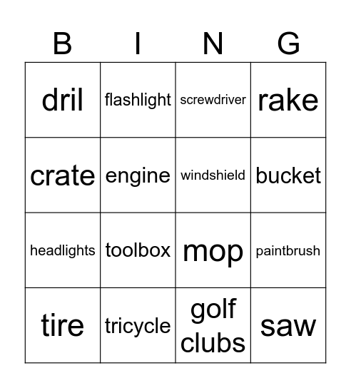 Garage Bingo Card
