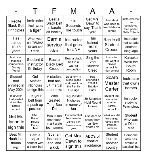TFMAA Student Challenge Bingo Card