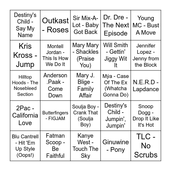 Throw Back Hip Hop/RNB Bingo Card