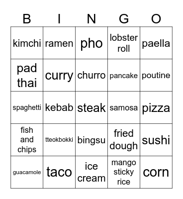 Food Bingo Card