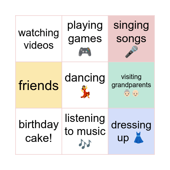 Arina’s birthday Bingo Card