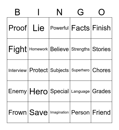 Superhero Unit 1 Bingo Card