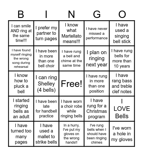 Handbell Bingo Card