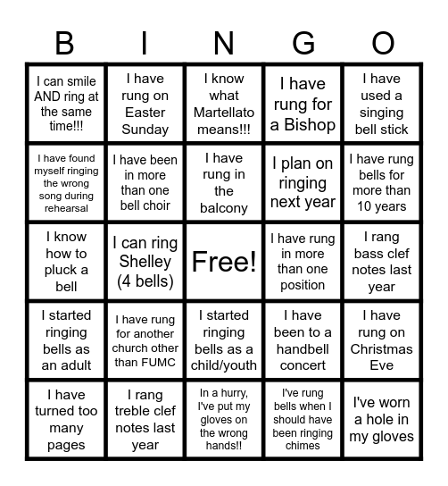 Handbell Bingo Card