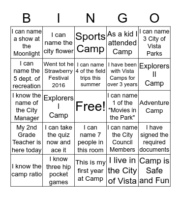 Summer Camp 2016 Bingo Card