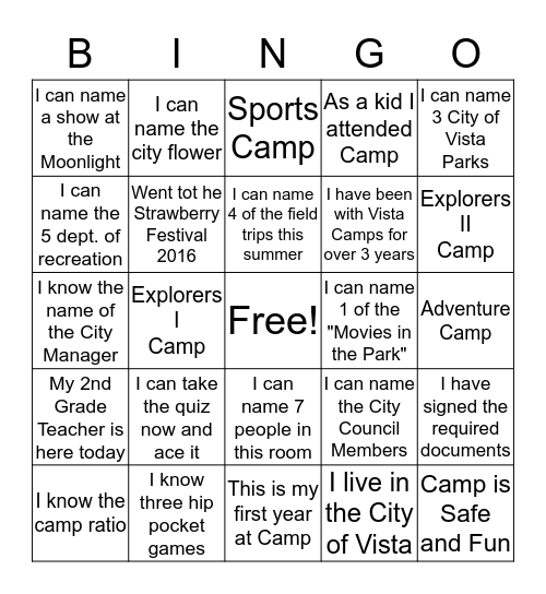 Summer Camp 2016 Bingo Card