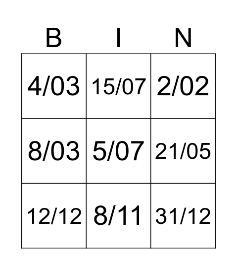 Dates Bingo Card