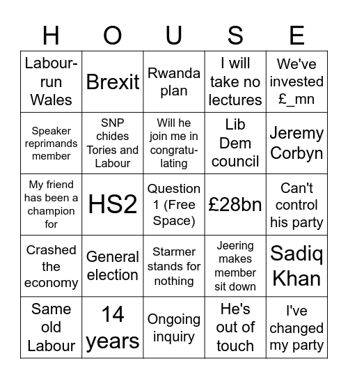 PMQs Bingo Card