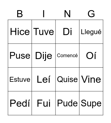 IRREGULAR VERBS - PRETERITE Bingo Card