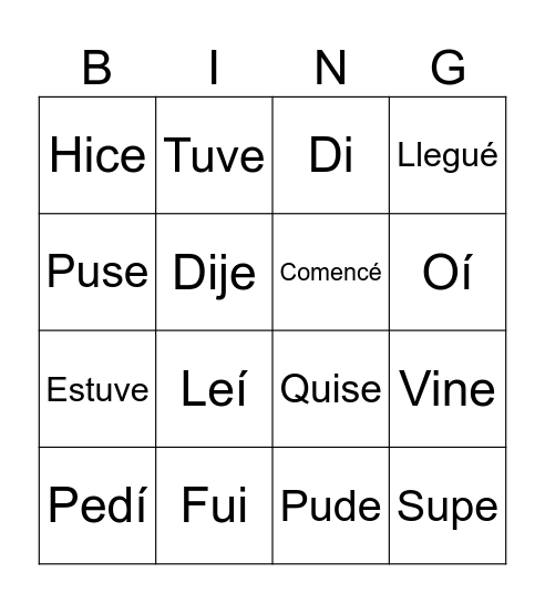 IRREGULAR VERBS - PRETERITE Bingo Card