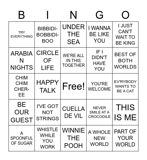 DISNEY SONGS Bingo Card